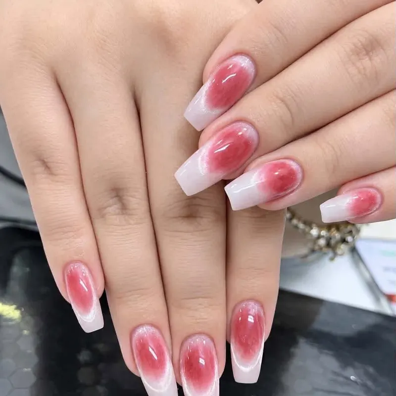 Red and white blush ombre coffin nails by LENA Nails & Beauty, nail salon in Da Nang