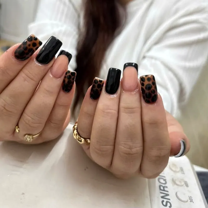 Black and leopard print square nails by LENA Nails & Beauty, nail salon in Da Nang