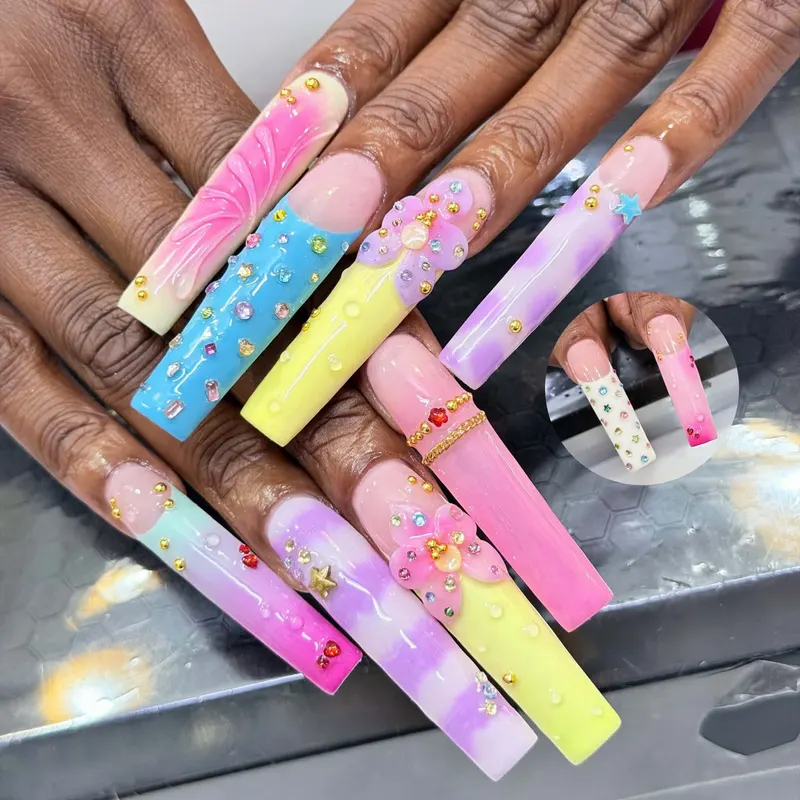 Extra-long pastel coffin nails with 3D charms by LENA Nails & Beauty, nail salon in Da Nang
