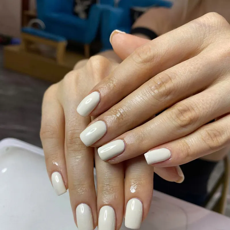 Milky white square nails by LENA Nails & Beauty, nail salon in Da Nang