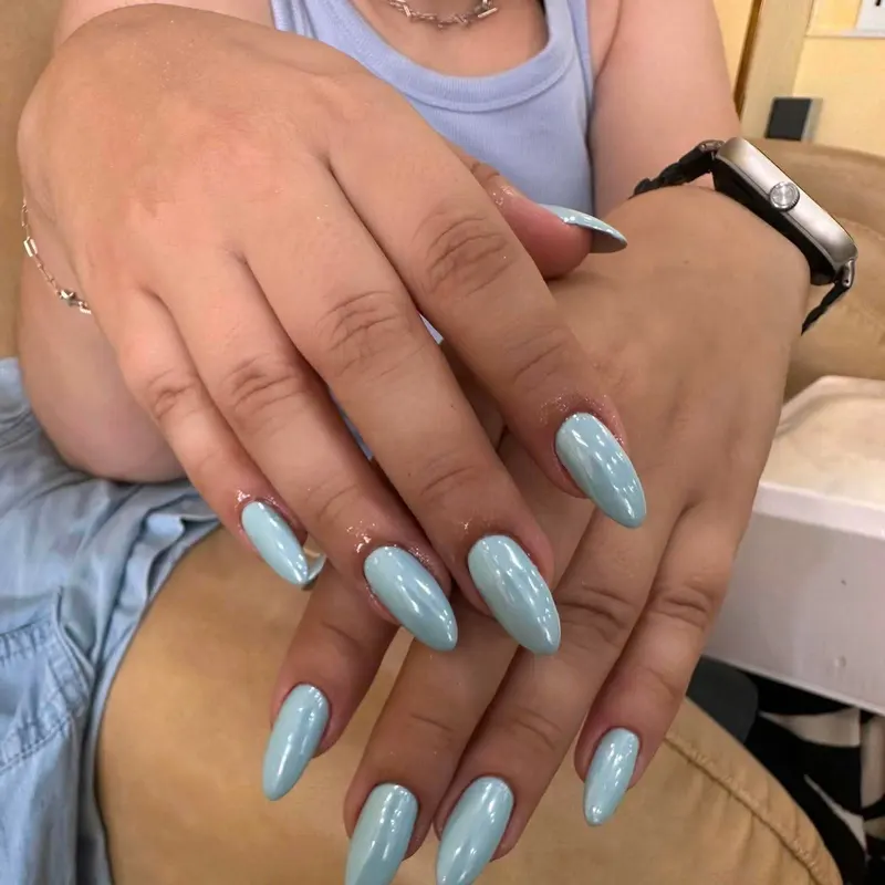 Sage blue almond gel nails by LENA Nails & Beauty, nail salon in Da Nang