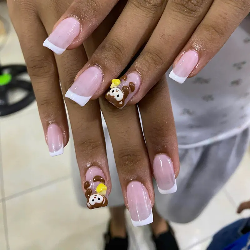 White French coffin nails with 3D charms by LENA Nails & Beauty, nail salon in Da Nang